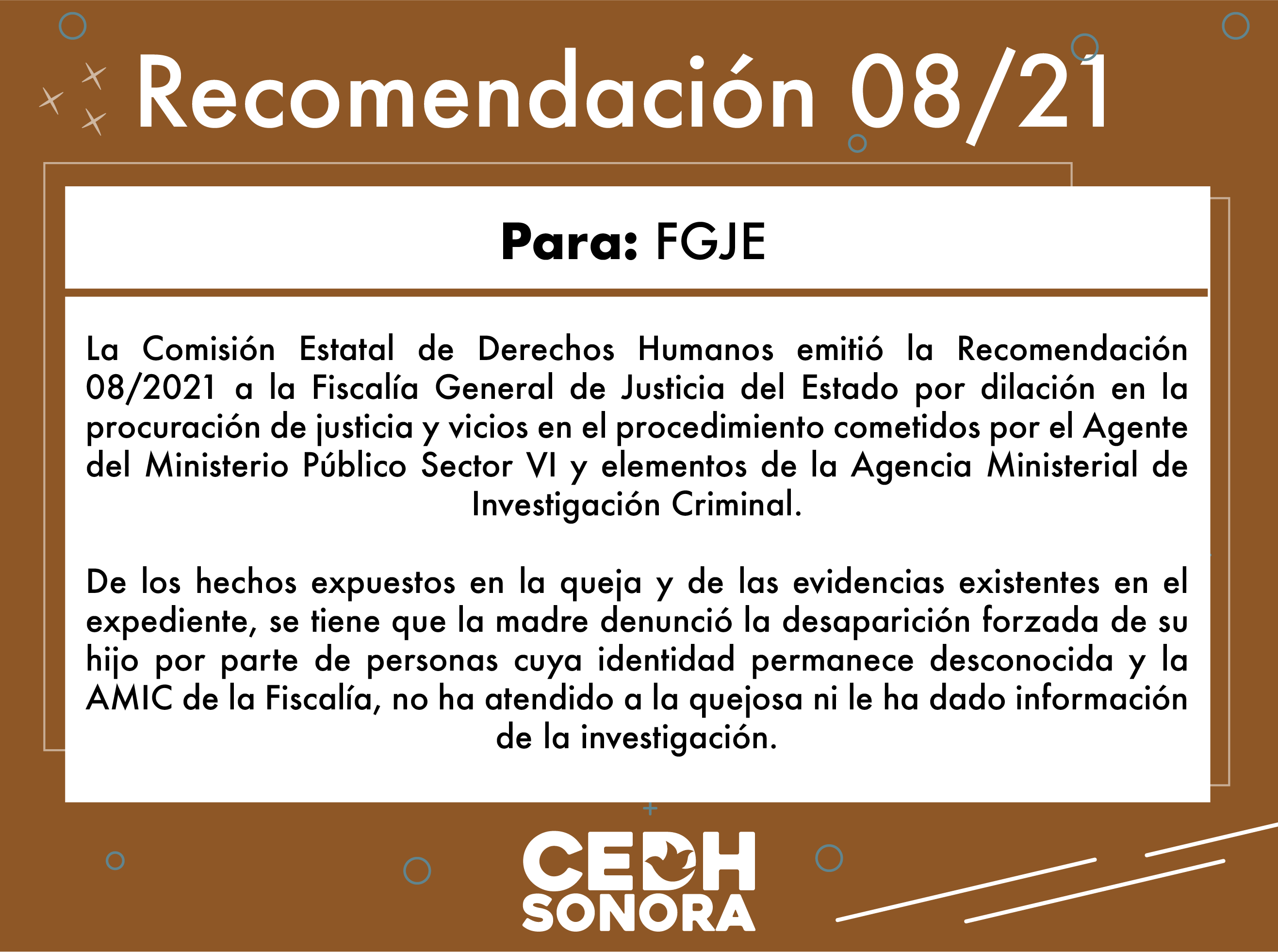 Emite CEDH Recomendación 08/2021 a FGJE