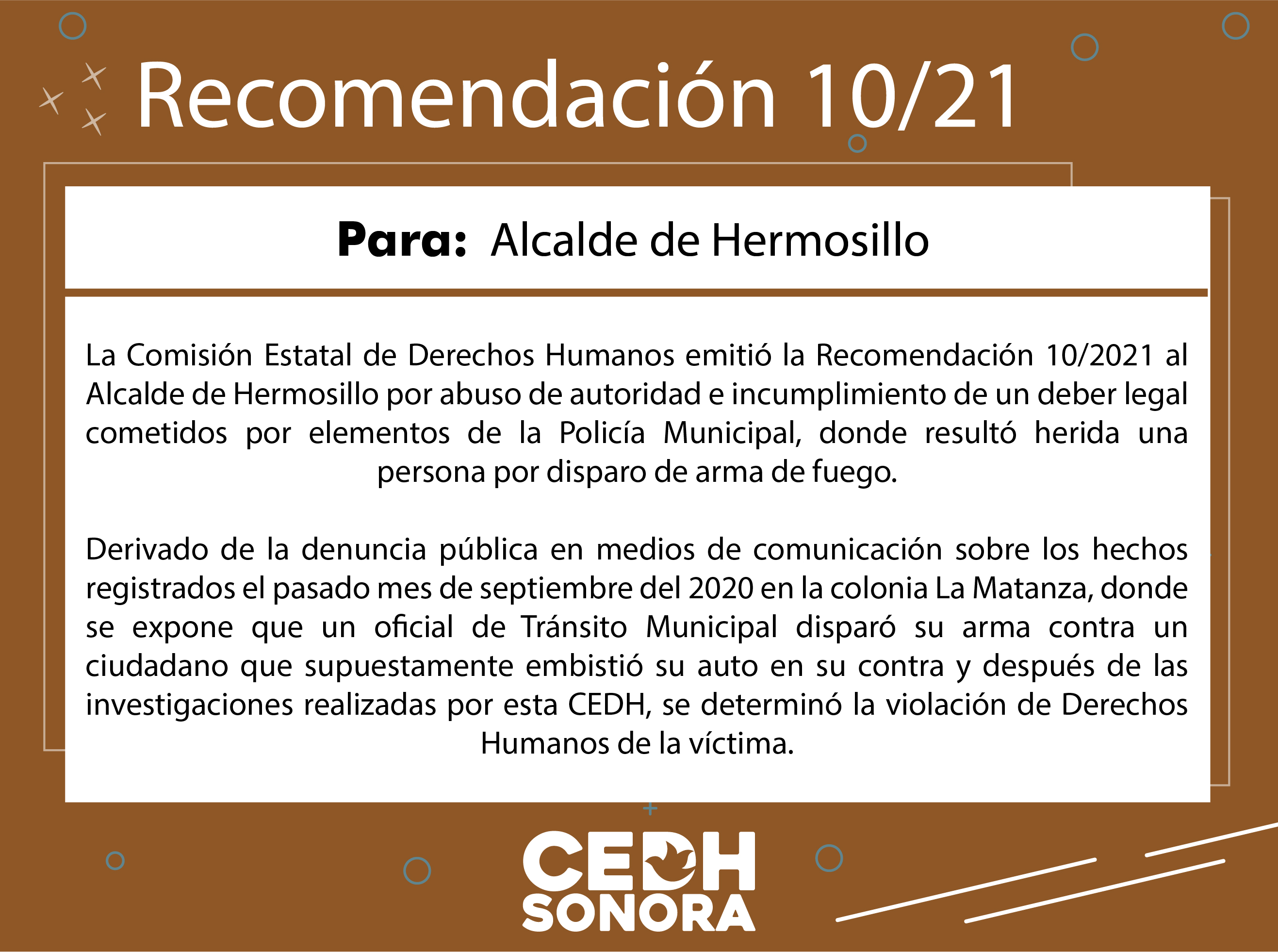 Emite CEDH Recomendación 10/2021 a Alcalde de Hermosillo