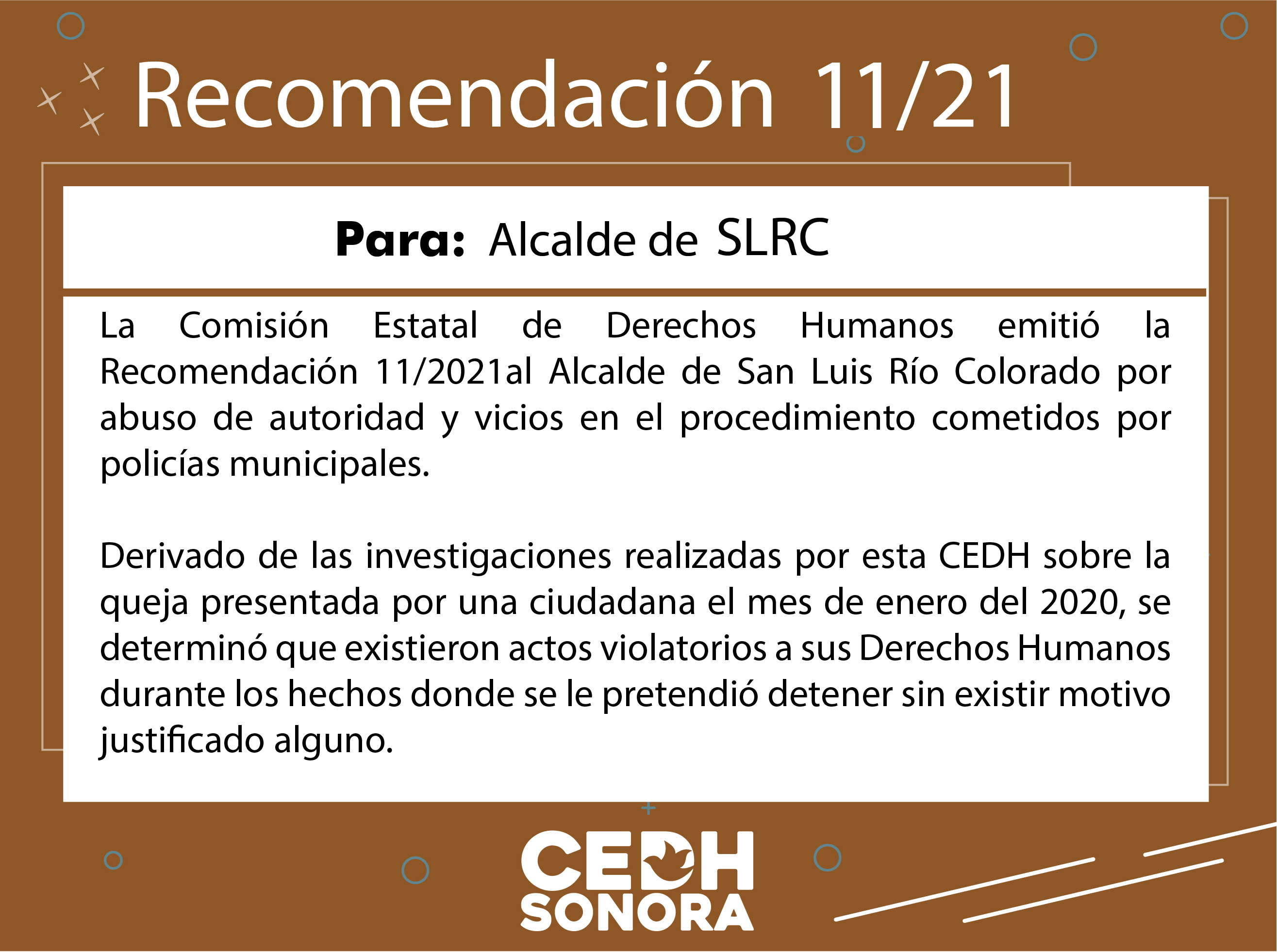 Emite CEDH Recomendación 11/2021 a Alcalde de SLRC