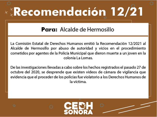 Emite CEDH Recomendación 12/2021 a Alcalde de Hermosillo