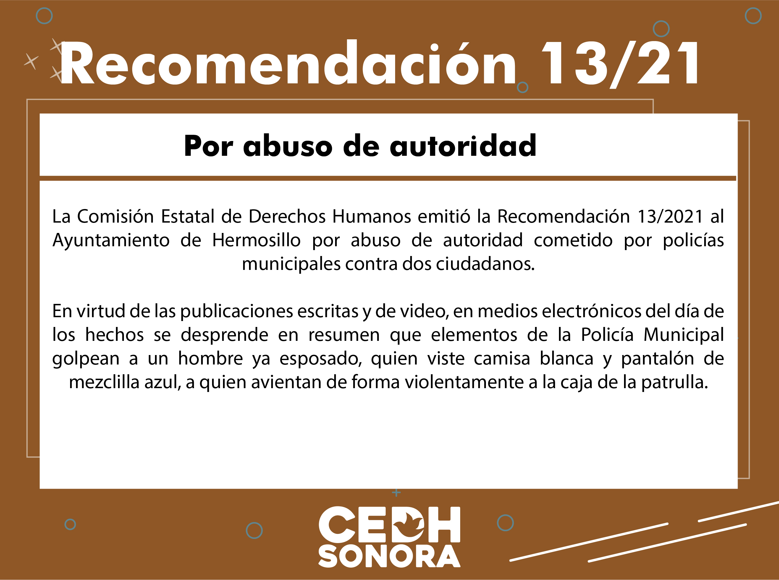 Emite CEDH Recomendación 13/2021 por abuso de autoridad