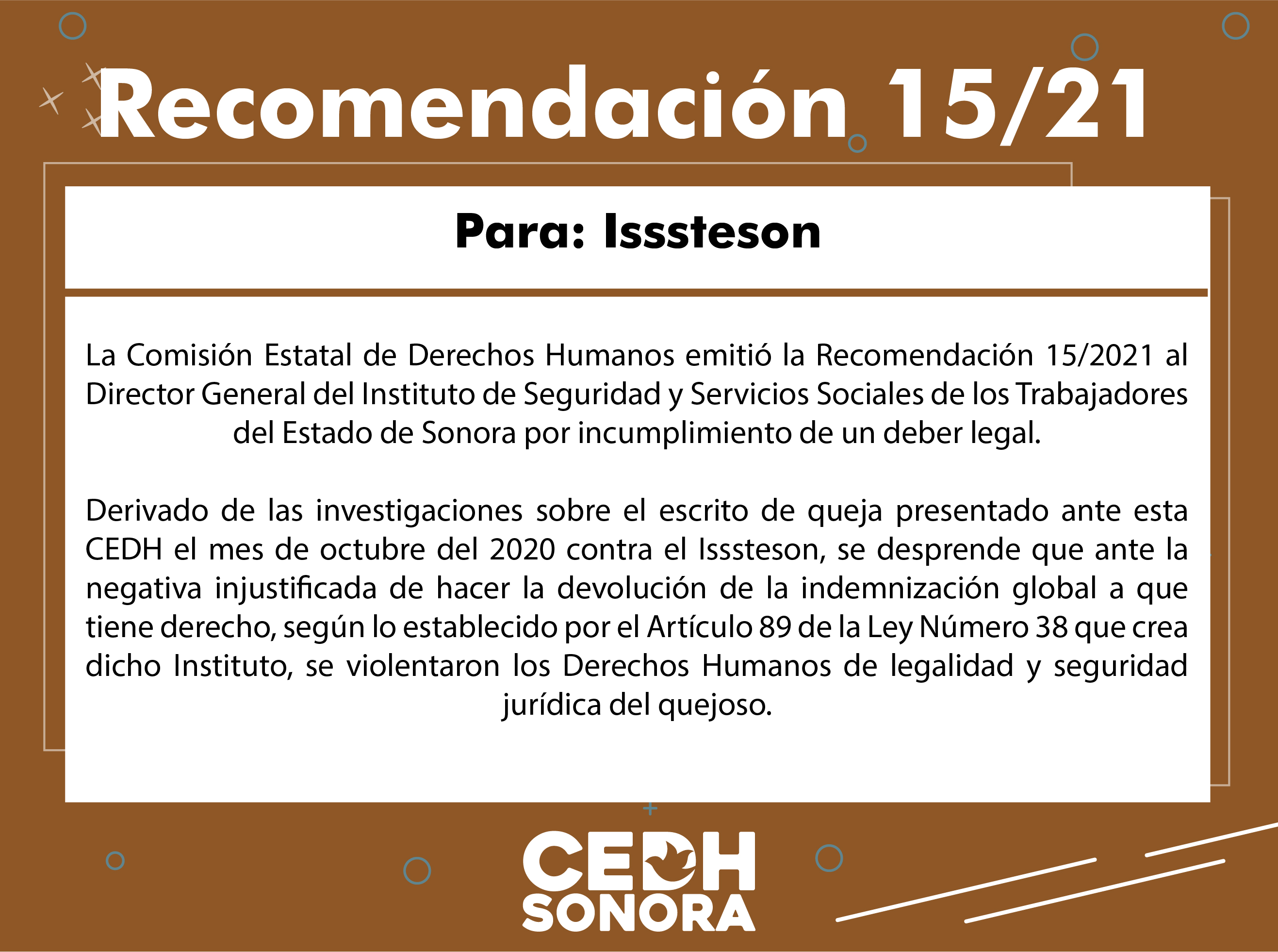 Emite CEDH Recomendación 15/2021 a Isssteson