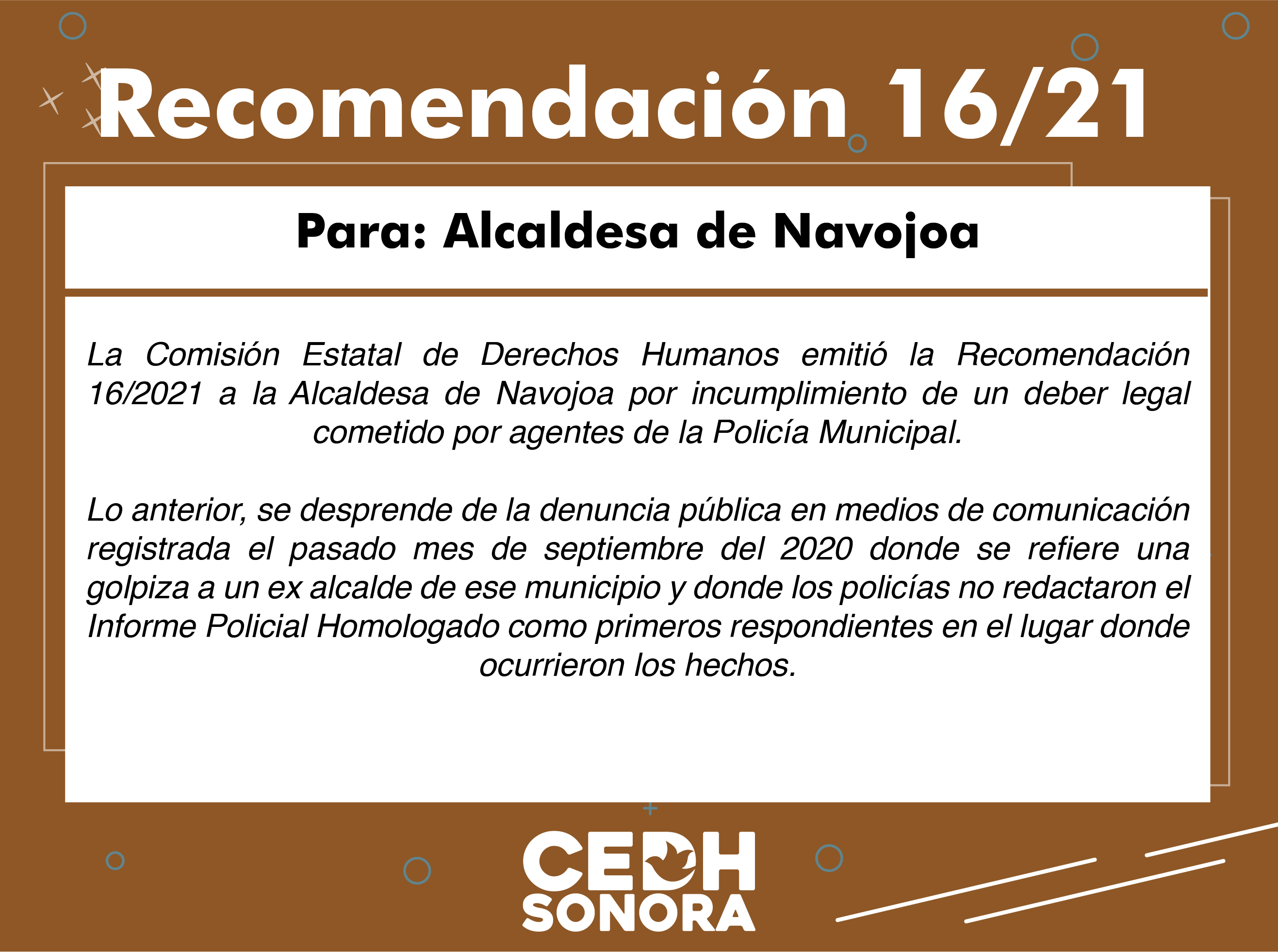 Emite CEDH Recomendación 16/2021 a Alcaldesa de Navojoa