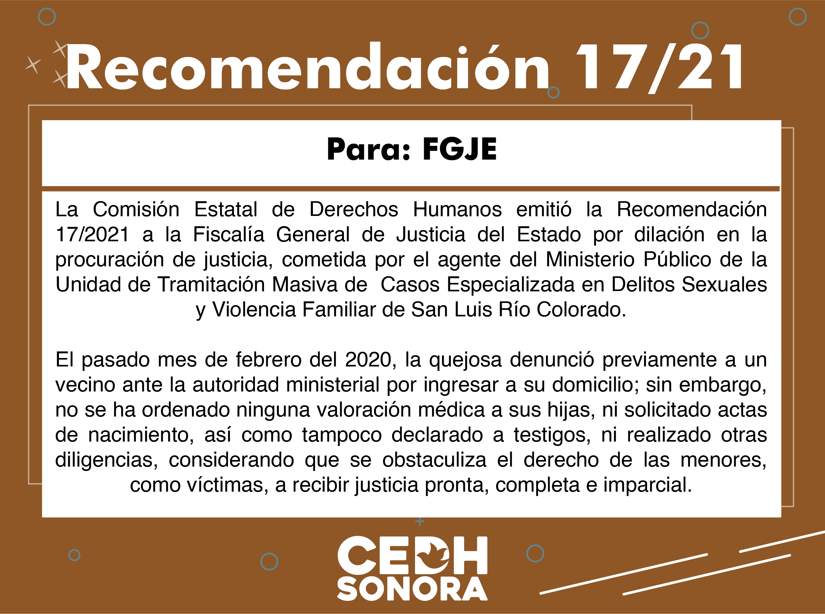 Emite CEDH Recomendación 17/2021 a FGJE