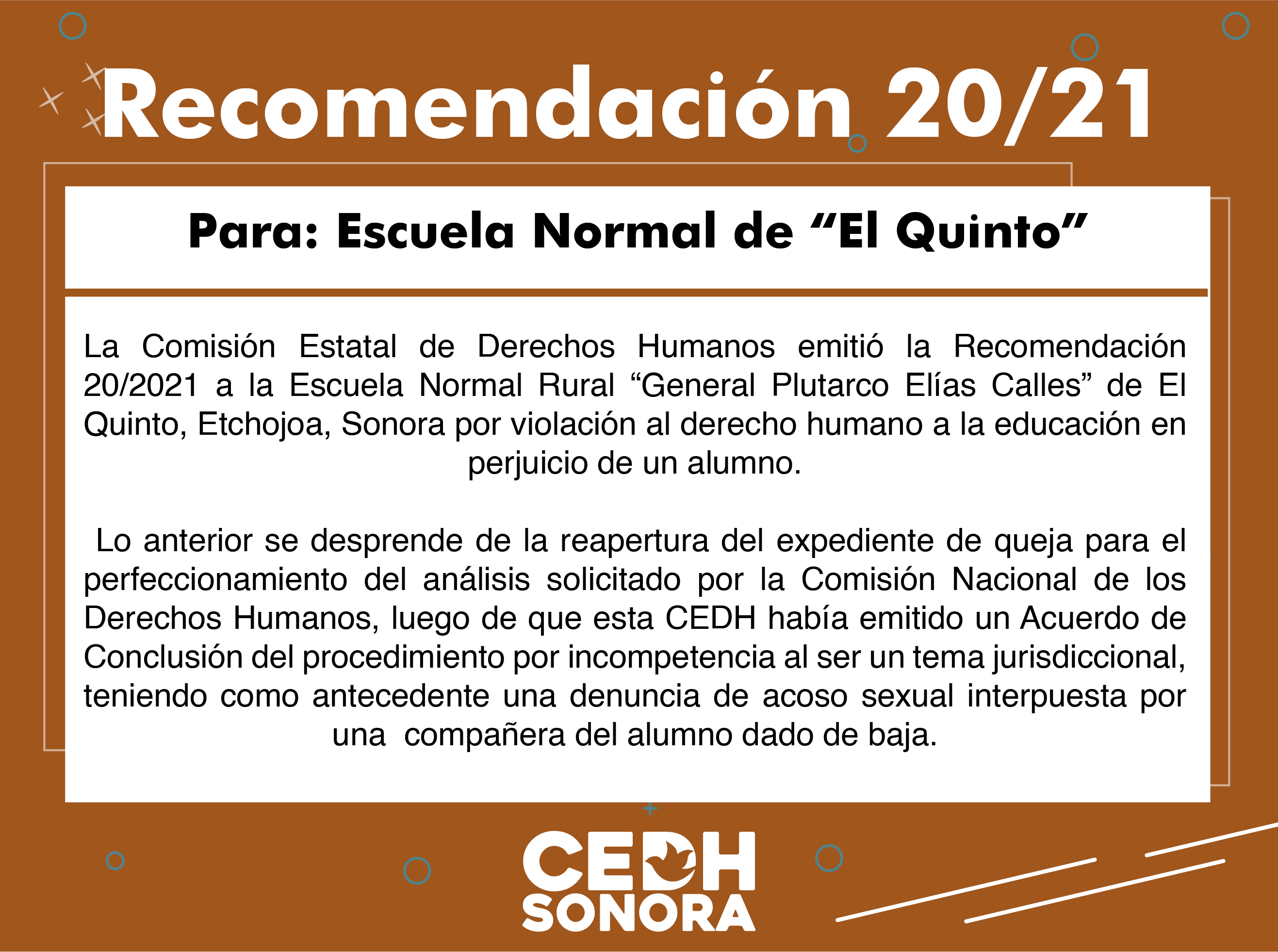 Emite CEDH Recomendación 20/2021 a Escuela Normal de “El Quinto”