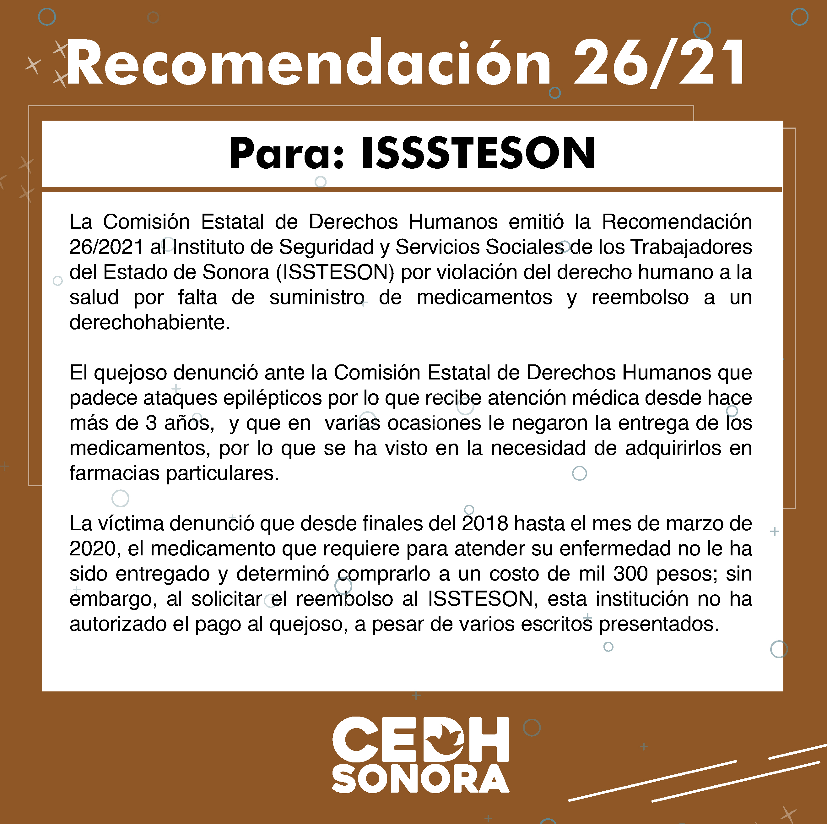 Emite CEDH Recomendación 26/2021 a ISSSTESON